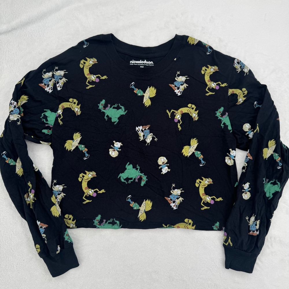Nickelodeon 90s Cartoon All Over Print Cropped Long Sleeve Shirt Black Medium